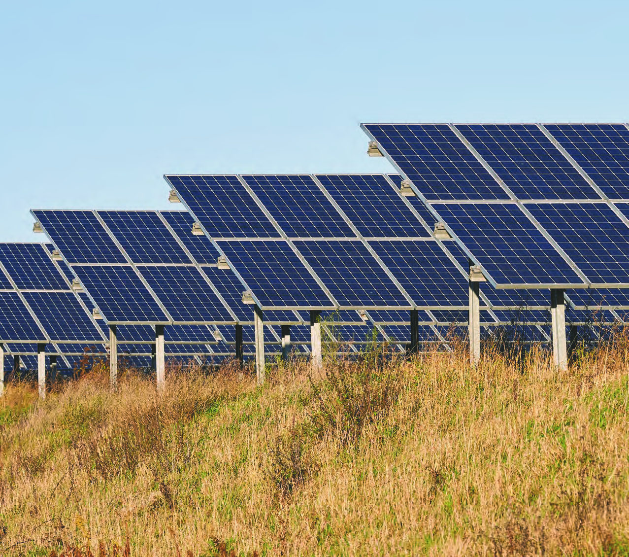 Rows of ground-mounted solar panels above dry grassland under a clear sky