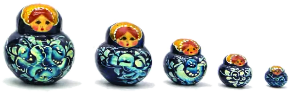 Five dark nesting dolls in descending size