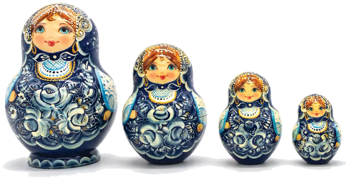 Four blue-and-white Russian nesting dolls in descending size