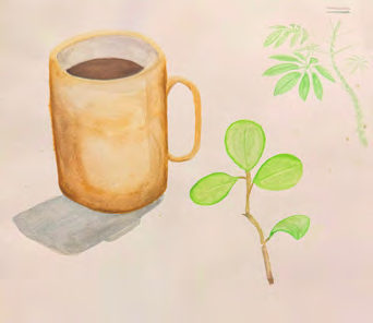 A watercolour sketch of a yellow mug beside a small green plant